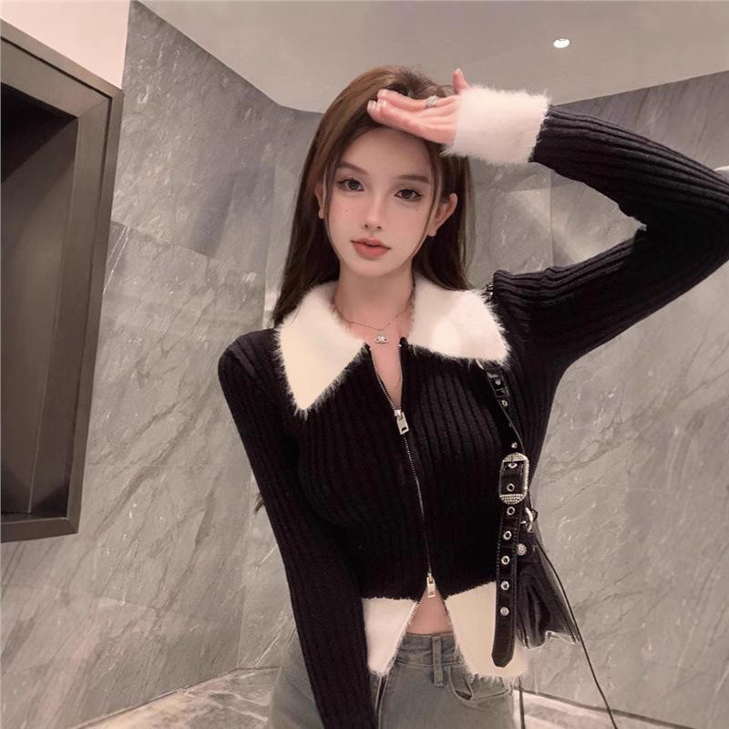 

Women s Black Short Polo Collar Knitted Cardigan with Furry Collar and Zipper - Slim Fit Autumn/Winter Sweater Top One Size чорний
