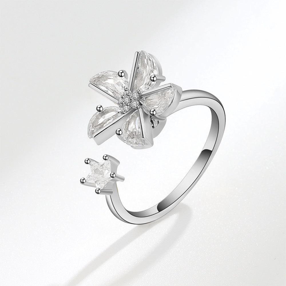 Geometric Copper Adjustable Ring With Flower Motif For Women Fashion Jewelry