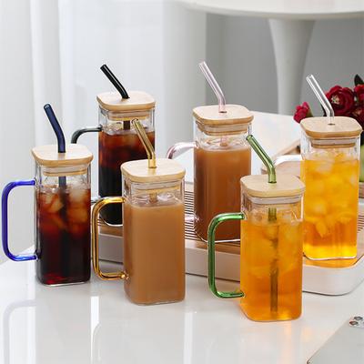 400ML Quadratischer Glasbecher mit Deckel Strohhalm Frühstück Milchbecher Mikrowellengeeignet Transparent Party Bier Kaffeebecher Trinkgeschirr Glasflasche