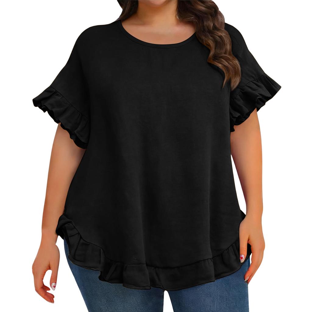 Womens Plus Size Ruffle Hem Short Sleeve Pullover Top Loose Fit Crew Neck Flounce Sleeve Blouse Casual Style