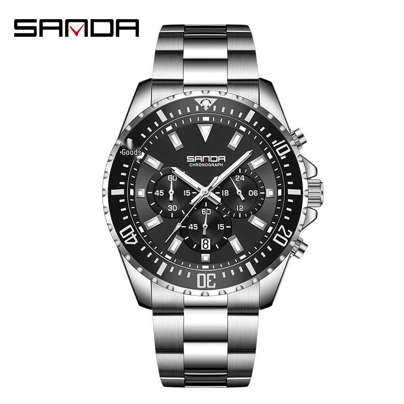 Sanda Unisex Luminous Waterproof Quartz Watch with Calendar & Solid Steel Band