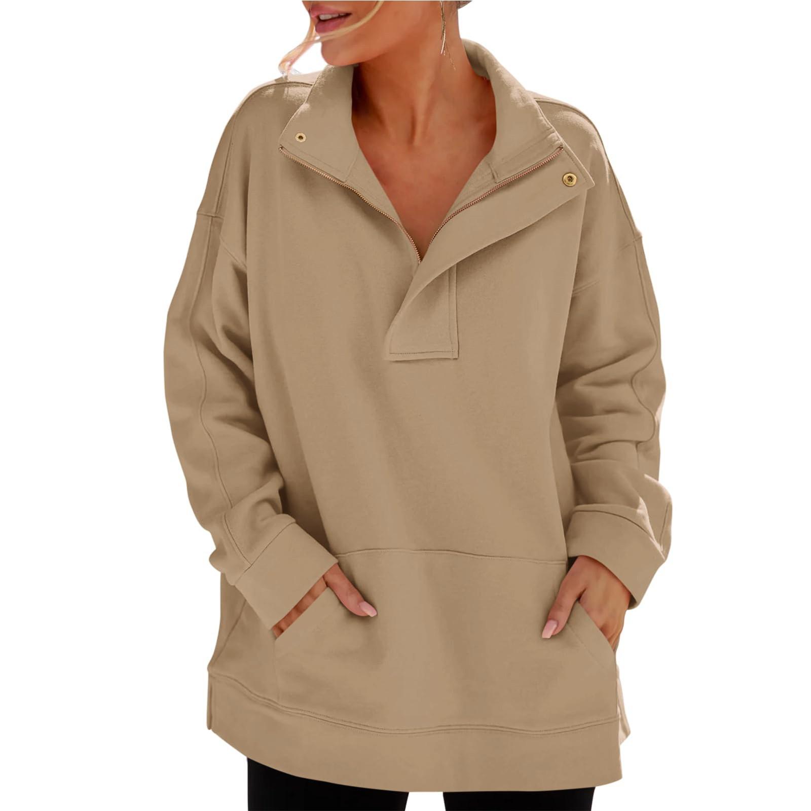 

Женские толстовки большого размера на молнии с половиной молнии, повседневные свободные пуловеры с длинными рукавами, туники, топы с карманом S хаки