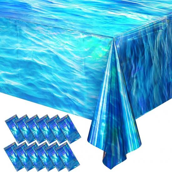 3 Pcs Iridescent Waves Tablecloths - Disposable Plastic Ocean Blue Table Cloth Rectangle Table Covers for Under the Sea Beach Surf Pool Party