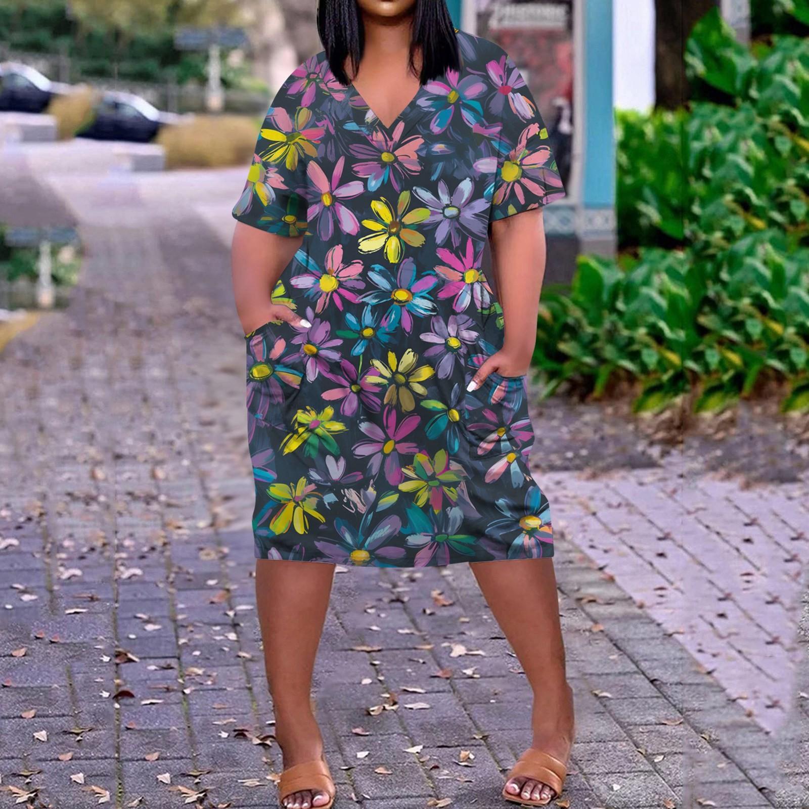 

Летнее повседневное платье больших размеров с V-образным вырезом и коротким рукавом, карманом на колене для женщин L фиолетовый