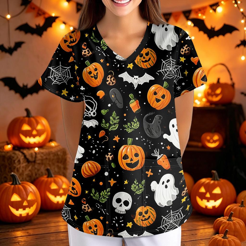 Women's Halloween Print Loose Fit V Neck Short Sleeve Medical Scrub Top Nurse Uniform Work Shirt with Pockets for Caregivers