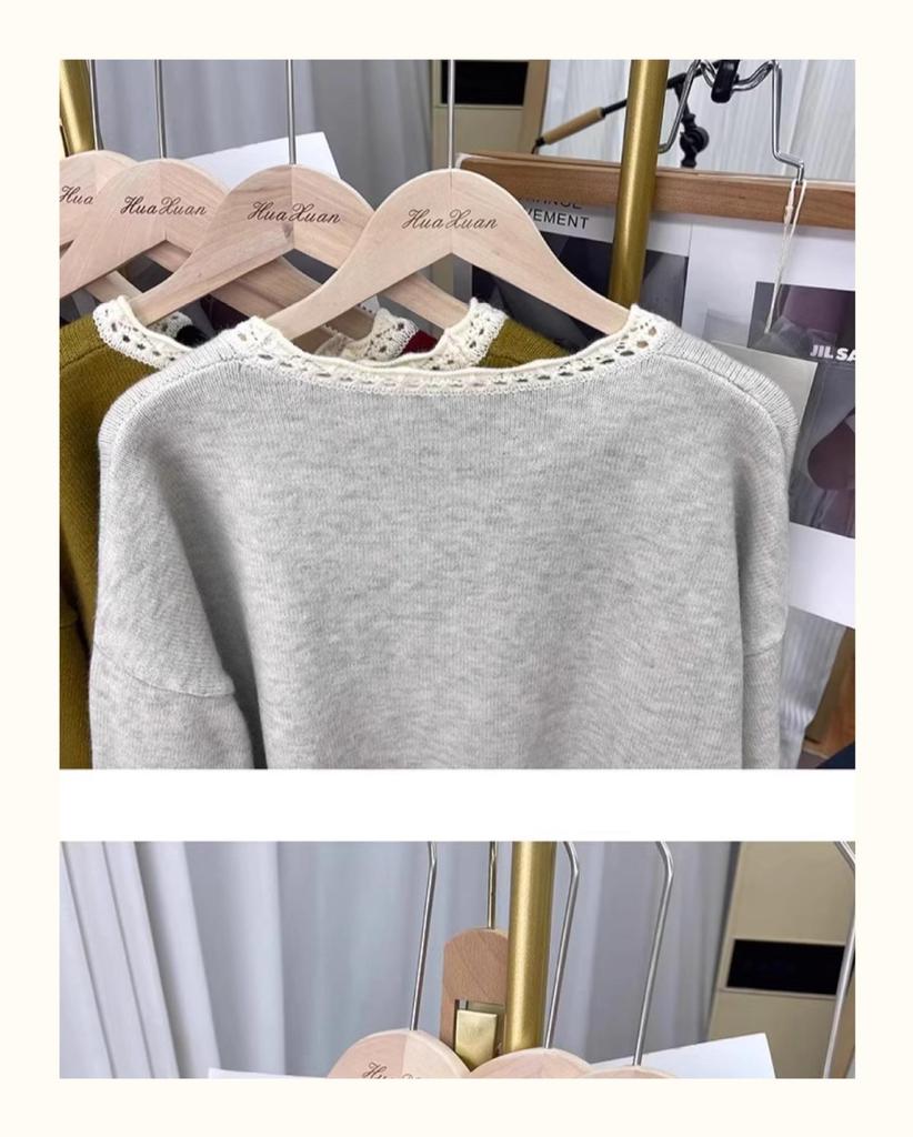 Damski sweter z koronkowym kołnierzykiem i kolorowym blokiem kolorów, odmładzający – jesień i zima, gruby, luźny krój, kolekcja 2025