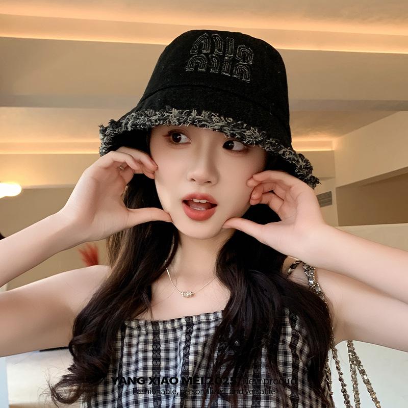 

New letter rough edge fisherman hat children big head circumference showing face small bucket hat versatile retro denim basin hat average size