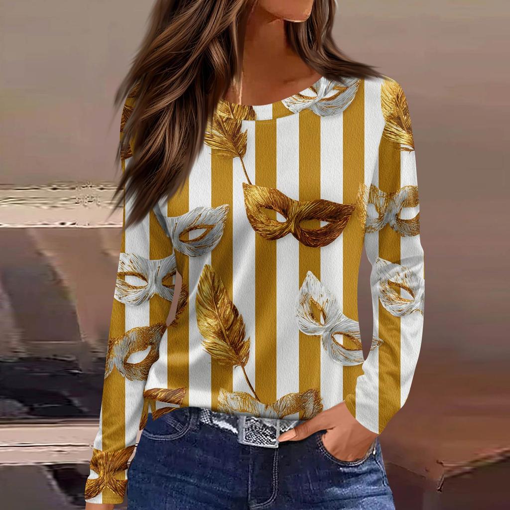 Women's Fashionable Casual Neck Long Sleeve Hem Split Carnival Print T-Shirt Top