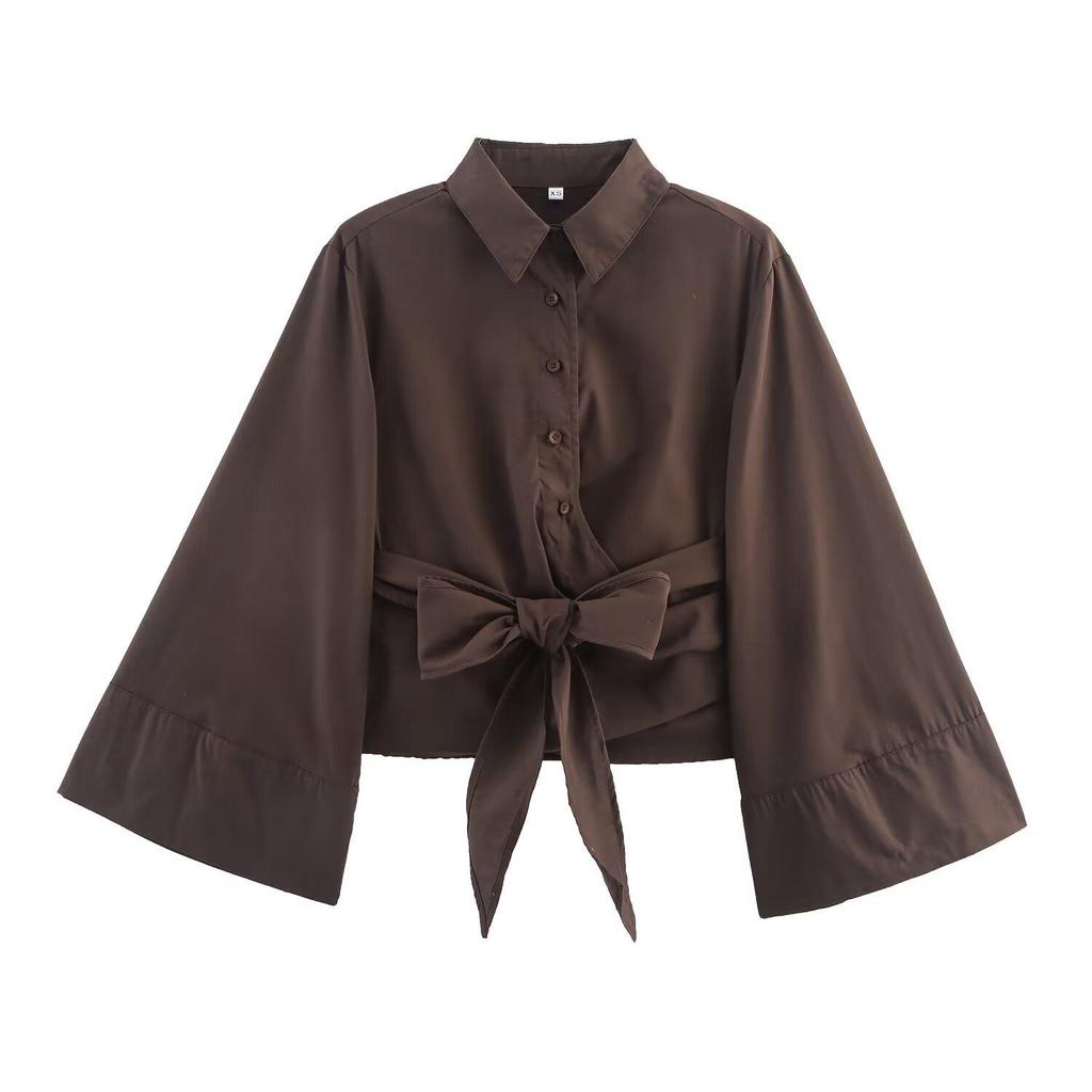 2025 Spring Women's Double-Breasted Poplin Slim Shirt with Bow Tie - European & American Style