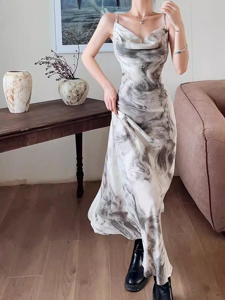 Adjustable Spaghetti Strap Ink Painting Bodycon Fishtail Dress - Chinese Style