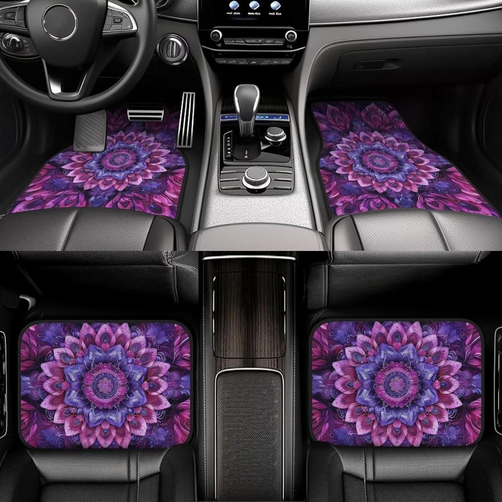 Universal Car Floor Mats Set of 4 - Enigmatic Purple Floral Pattern Designed for Mysterious Elegance,Auto Interior Accessories
