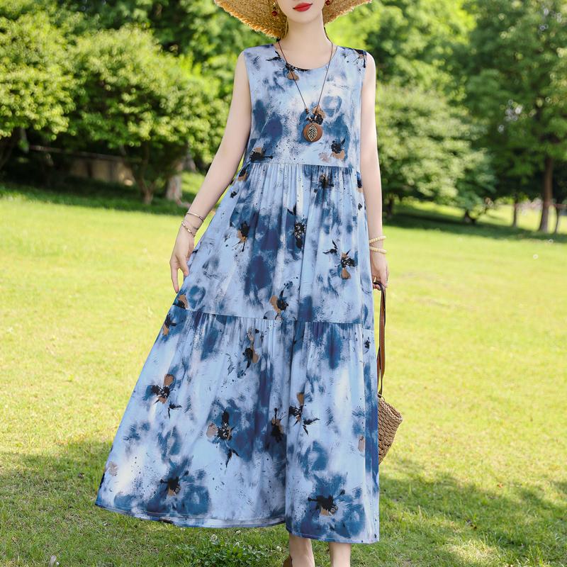 Elegant Sleeveless Dress for Women Plus Size Short Sleeve Vintage Print Long Dress Summer Casual Middle-aged Women's Clothing