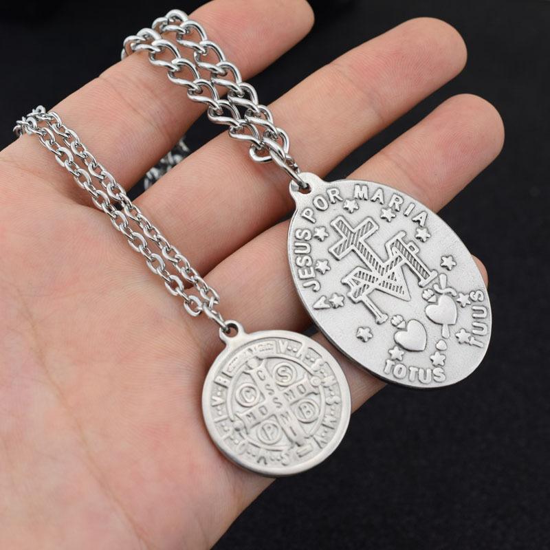 Religious San Benito Necklace Cross Saint Benedict Medal Vintage Jesus Necklaces & Pendants For Women Men Jewelry Statement Gift