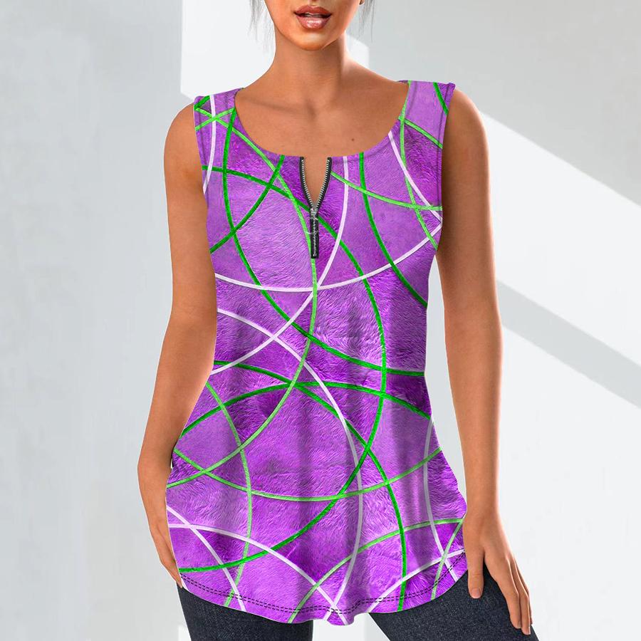 Damenmode V-Ausschnitt Shirts Casual Tops T-Shirt Damen 3D Golden Line Print Weste Übergröße Ärmellose Bluse Tanktops