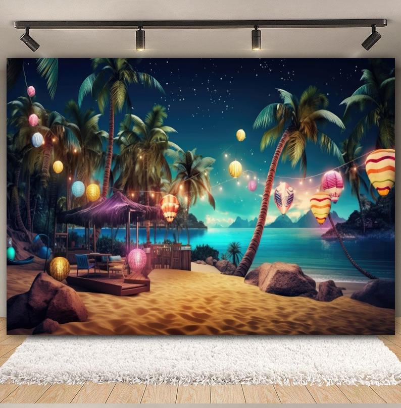 Summer Seaside Fruit Beach Palm Tree Theme Banner Background, Holiday Camping Party Decoration Photography Studio Backdrop Cloth