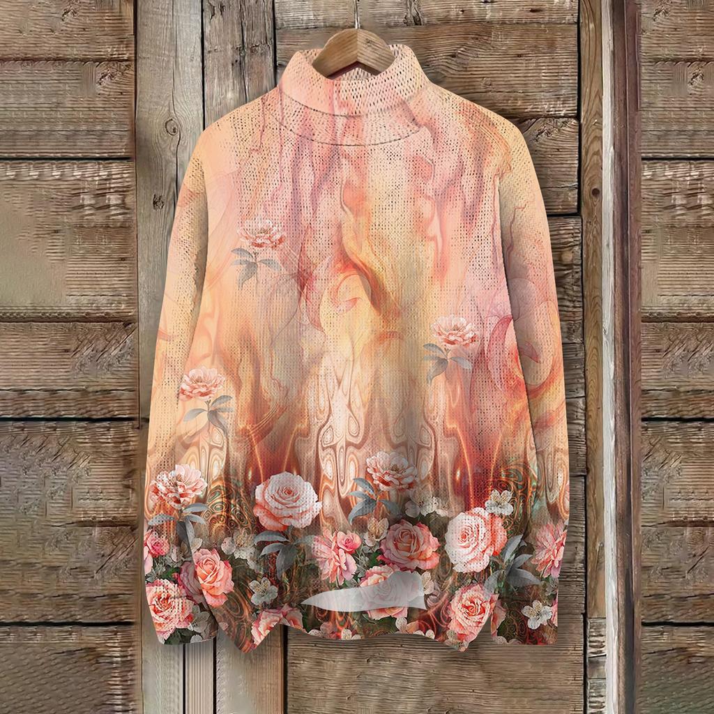 Women's Fashion Casual Long Sleeve Retro Printed Turtleneck Knit Top