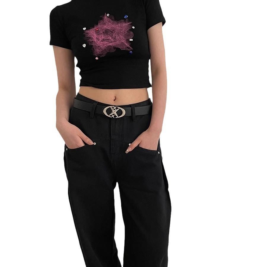 Simple Starry Summer Pink Pu Belt With Alloy Buckle For Women
