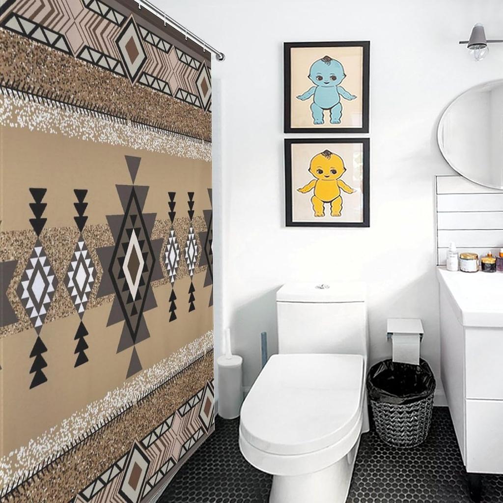 Southwestern Natvie Tribal American Ethnic Western Abstract Geometric Vintage Brown Waterproof Fabric Bathroom Shower Curtain