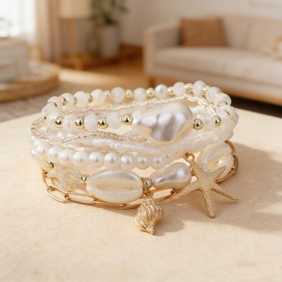 Summer Beach Bracelet for Women Faux Pearl Seashell Starfish Boho Layered Beaded Bracelets Handmade Stretch Bracelet
