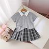 Girls' Set Summer Children's Solid-color Lapel Short-sleeved Top + Pleated Skirt