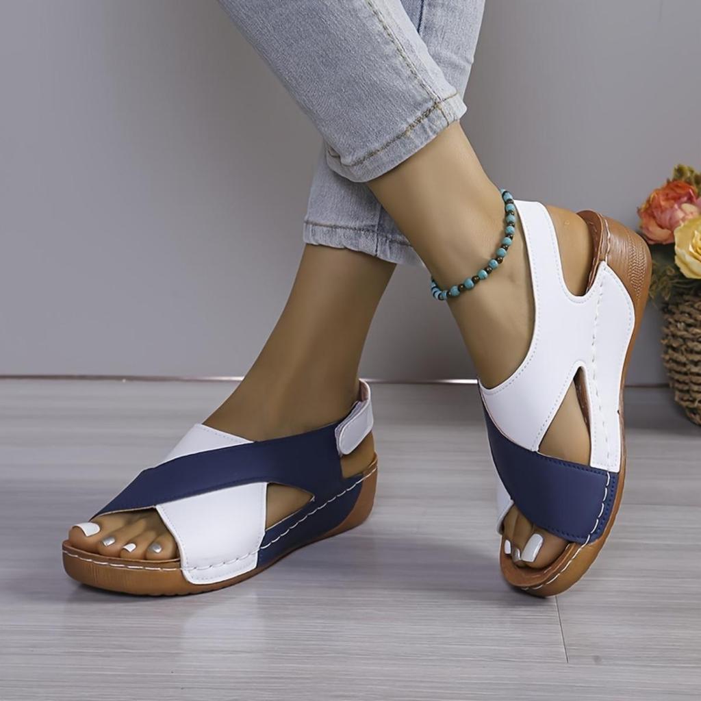 Women's Fashion Clash Colour Slope Heel Sandals,Open Toe Summer Shoes,Cross Strap Design,Mid Heel Platform,Non-Slip Sole,Comfortable Walking Shoes,