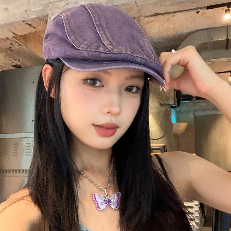 Summer Japanese washed Denim Front Hat for Women with Versatile Retro Big Head Circumference Showing Face Little Painter Hat Wearing Beret