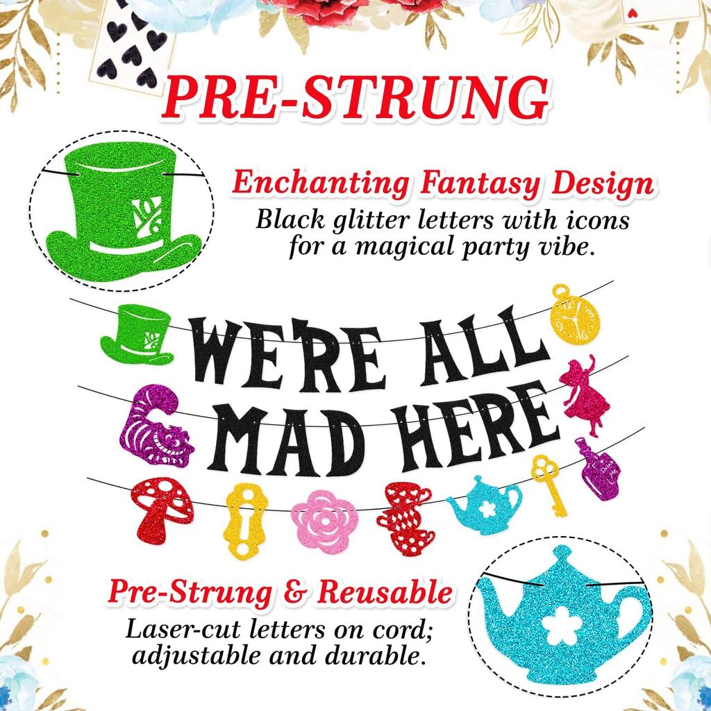 We’re All Mad Here Banner Fantasy One Years Old Birthday Party Decorations Welcome Baby Girl Boy Afternoon Tea Party Supplies