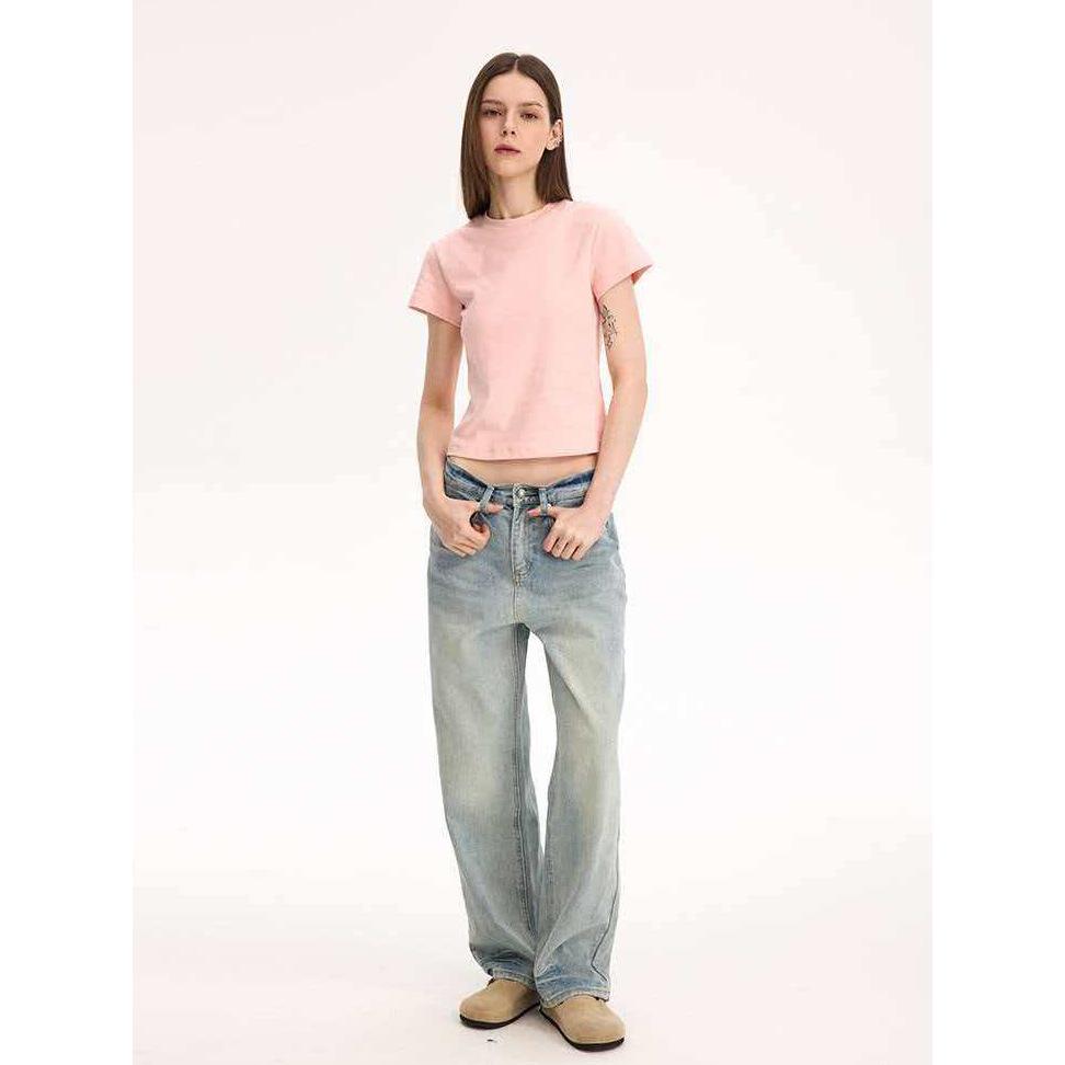Korean Pink Slim-fit Short-sleeved T-shirt Women's Summer New Front Shoulder Crew Neck Thin Chic Bottoming Shirt