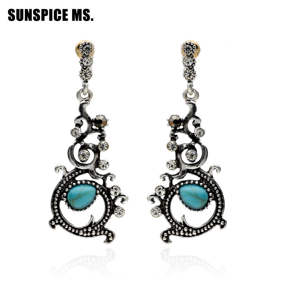 Orecchini Pendenti Vintage Con Turchese E Fiori Cavi In Argento - Gioielli In Pietra Naturale