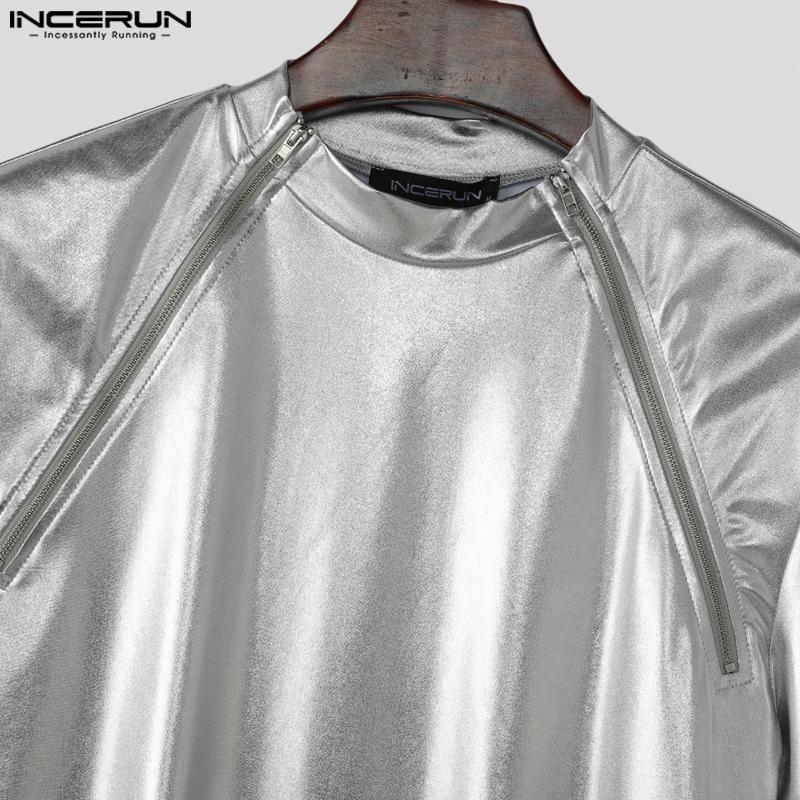 INCERUN Herren T-Shirts Mockneck Kurzarm Glitzer Lässige Figurbetonte Oberteile