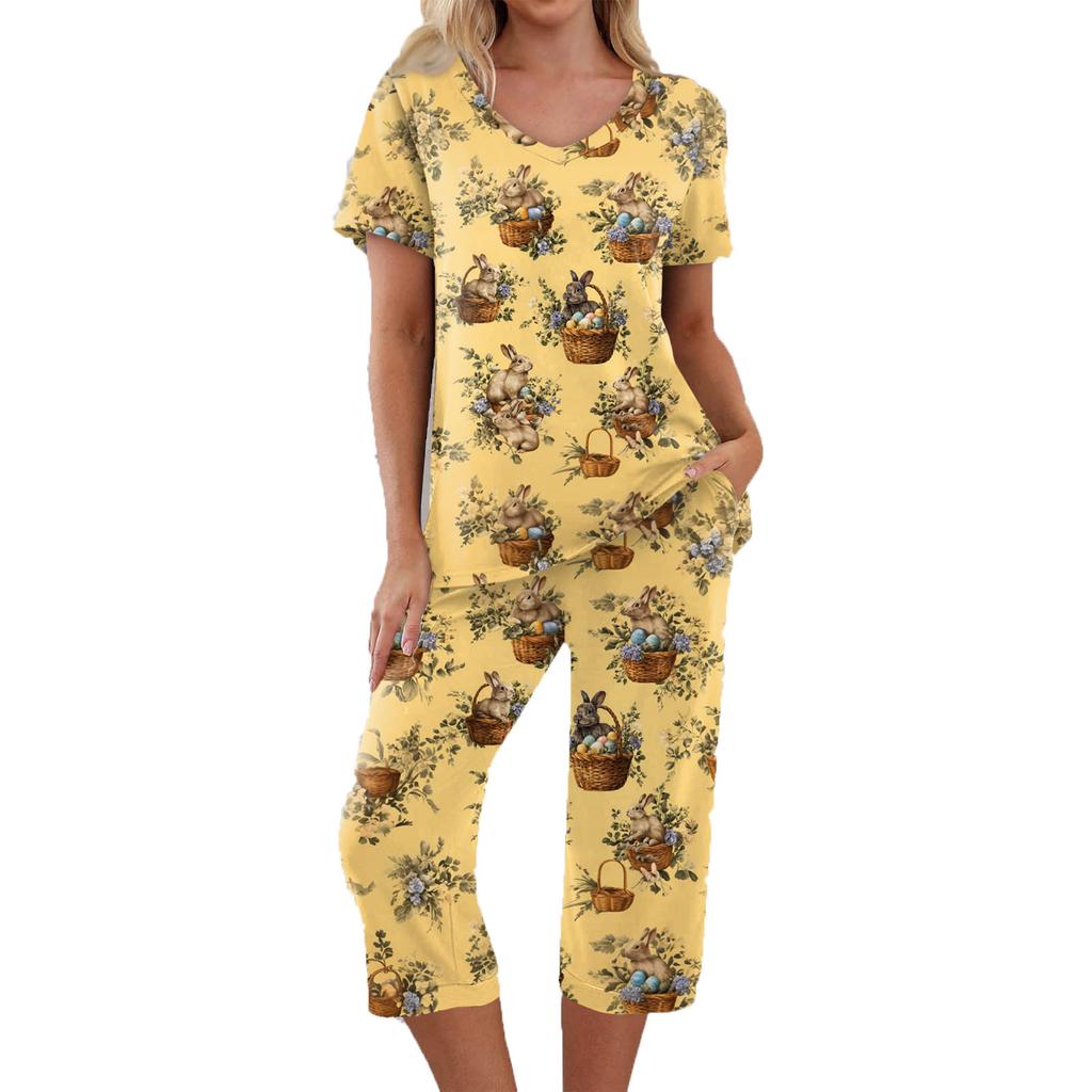 2 Piece Sets For Women Short Sleeve Top And Pants With Pockets Workout Soft Print Sets