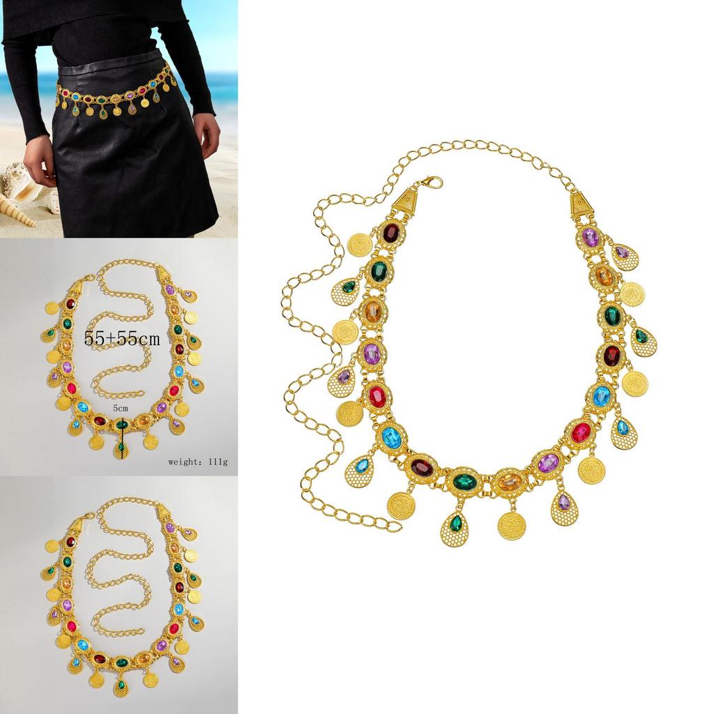 Arabic Jewelry Gold Alloy Acrylic Gem Waist Belt With Hollow Pattern For Ladies Summer Wear