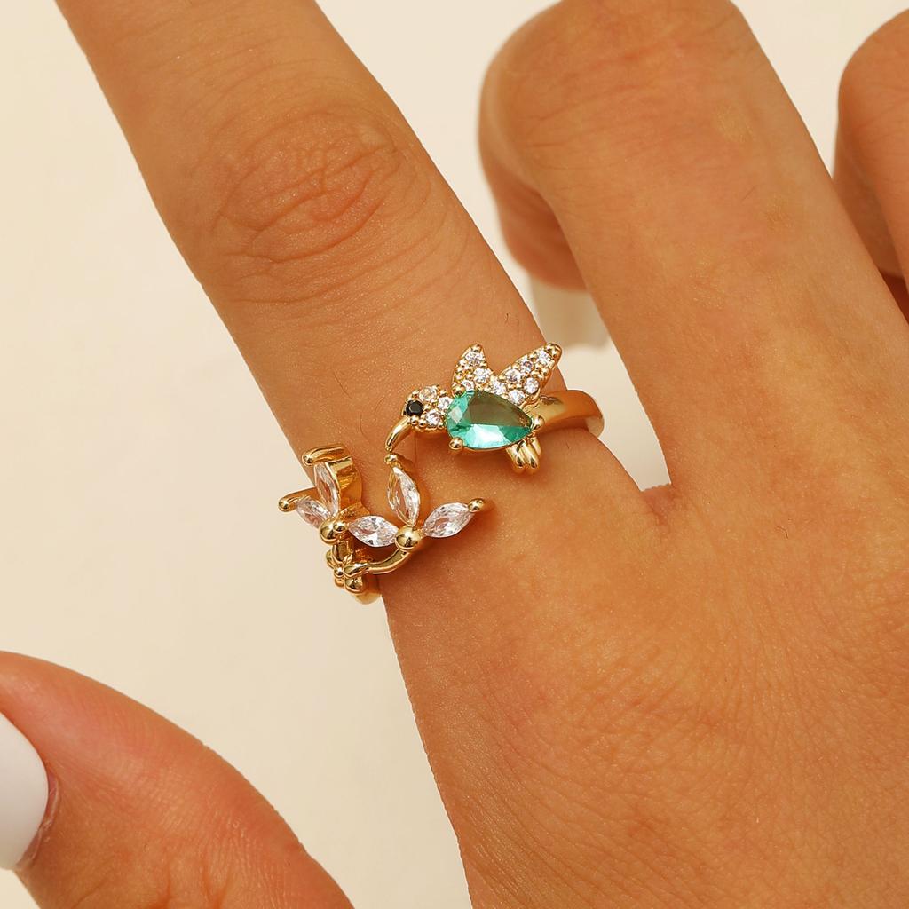 Hummingbird & Flower Open Ring Collection, Gold/Silver Tone Adjustable Gemstone Bird Rings for Women
