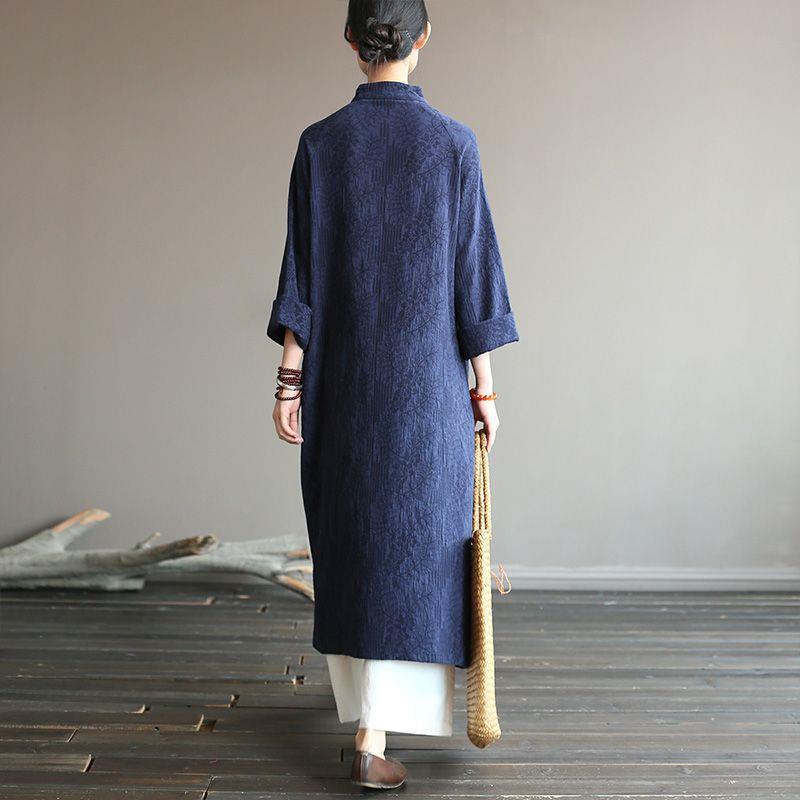 Retro Frog Button Cotton Linen Casual Long Dress