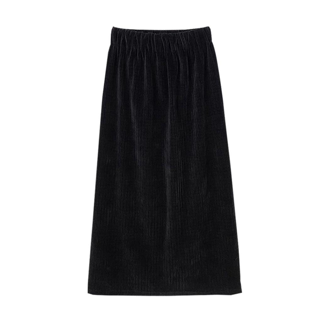 Black Corduroy A-line Skirt for Women - 2025 Autumn/Winter, Plus Velvet & Thick for Extra Warmth