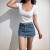 Summer cotton Sexy Solid lace jacquard t shirts Women‘s square collar Short-sleeve T-shirt casual Slim Elastic Skinny y2k Tops