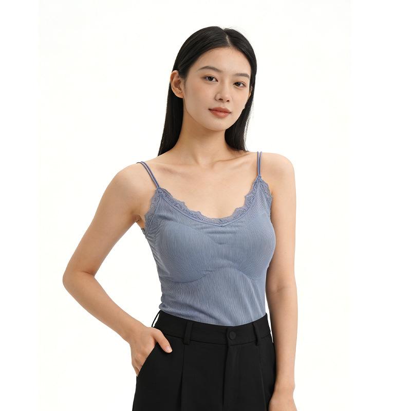 2026 Summer Korean Style Lace Trim Spaghetti Strap Slim Fit Knit Vest