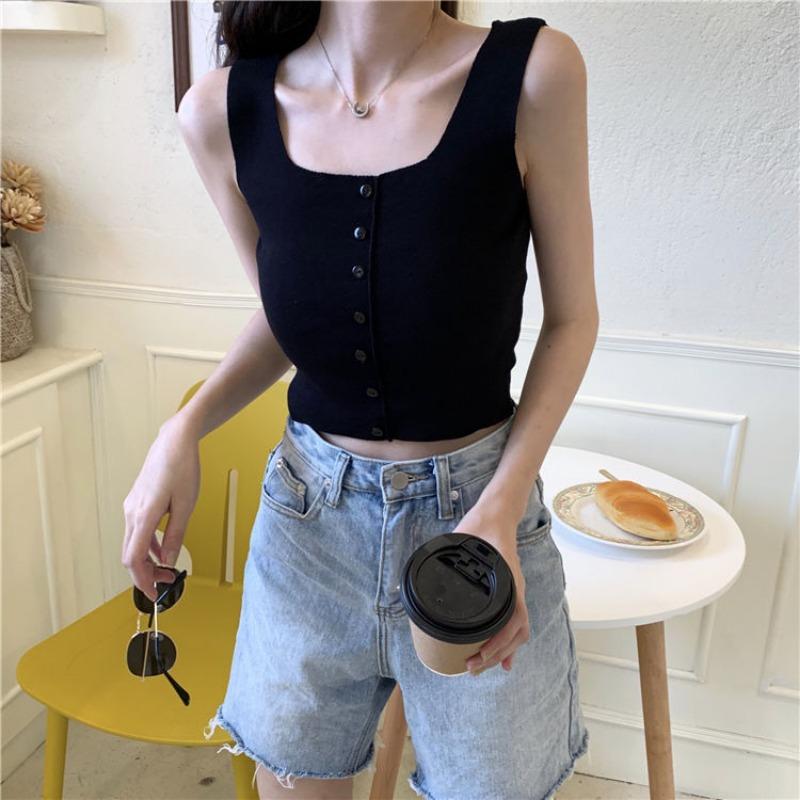 Summer New Korean Version of Simple Knit Sleeveless Jacket Buttons Carefully Machine Solid Color Short Small Vest Women