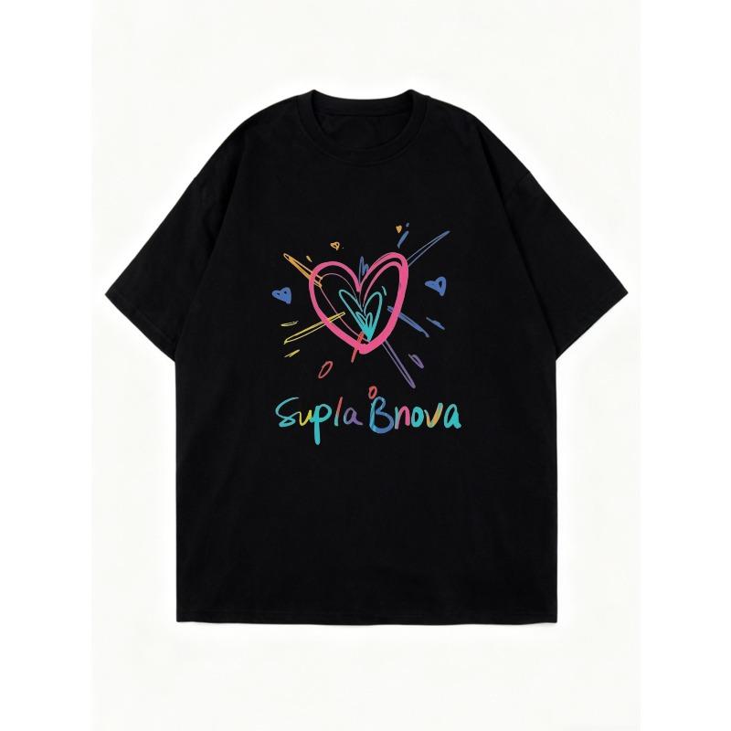 Oversized T Shirt Black Heart And Colorful Lines Supla Bnova Print Casual Wear For Women