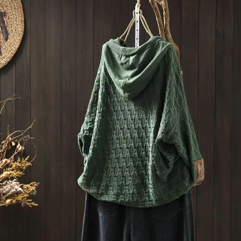 Johnature Damen Winterpullover mit Kordelzug und Kapuze, lässig, mit langen Ärmeln, lockerer Pullover im Vintage-Stil, Farbblockierung