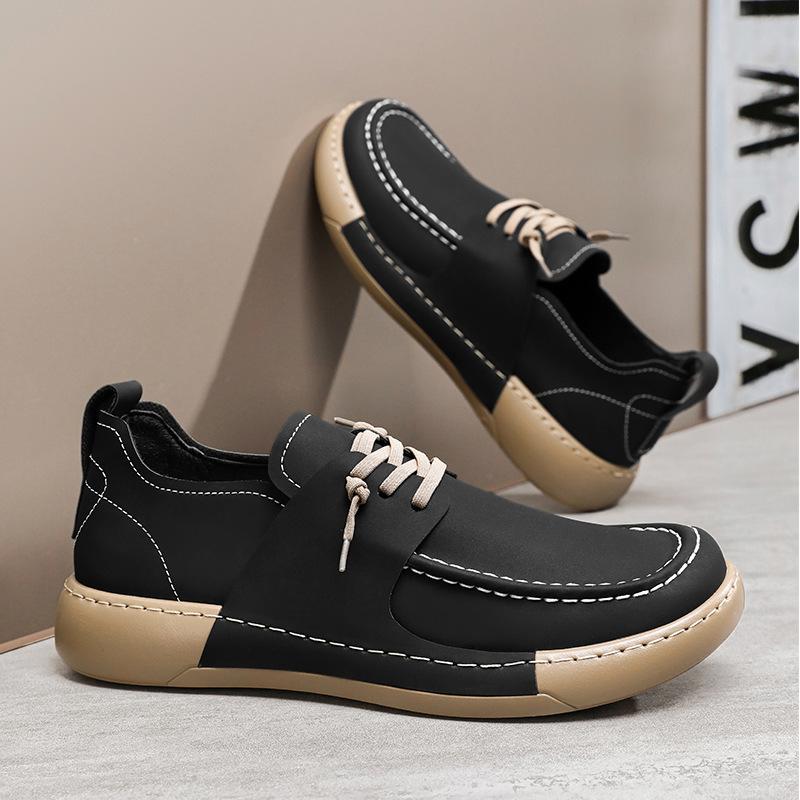 Fashion Men's British-Style Leather Lace-Up Sneakers Non-Slip White Casual Shoes Trendy Versatile Streetwear Footwear for Daily Comfort
