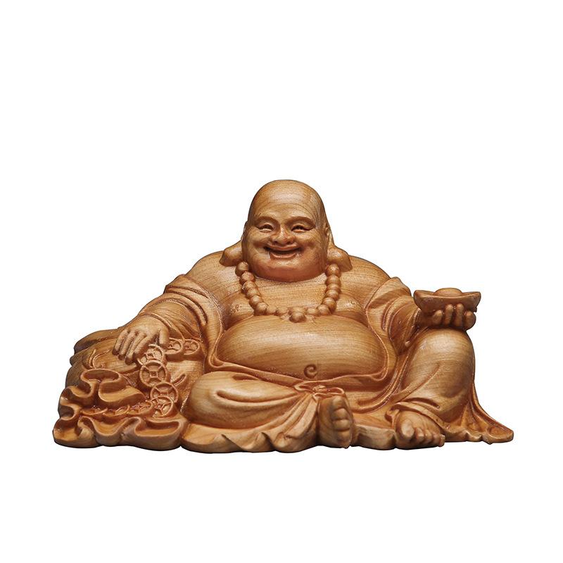 Natural Cypress Ingot Maitreya Buddha  Statue Chinese characteristic wood carving Home, Room, Office, God of Wealth Accessories