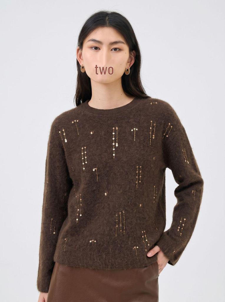 Women's Autumn/Winter Round Neck Sequin Embroidered Sweater - Soft Knit, Fashionable Base Layer