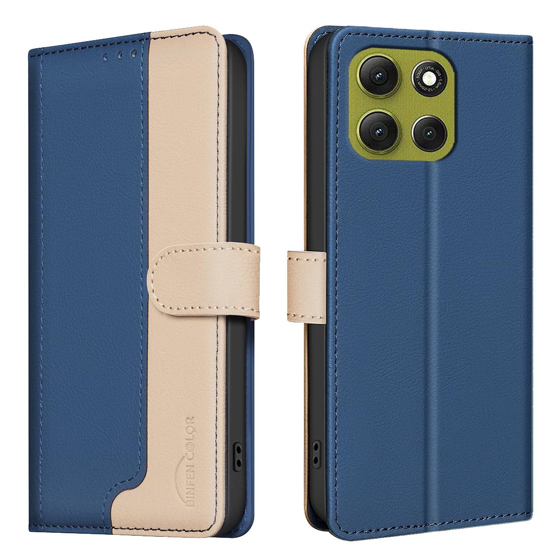 

For Motorola Moto G86 5G Leather Case BINFEN COLOR Splicing Color RFID Blocking Wallet Stand Phone Cover Blue