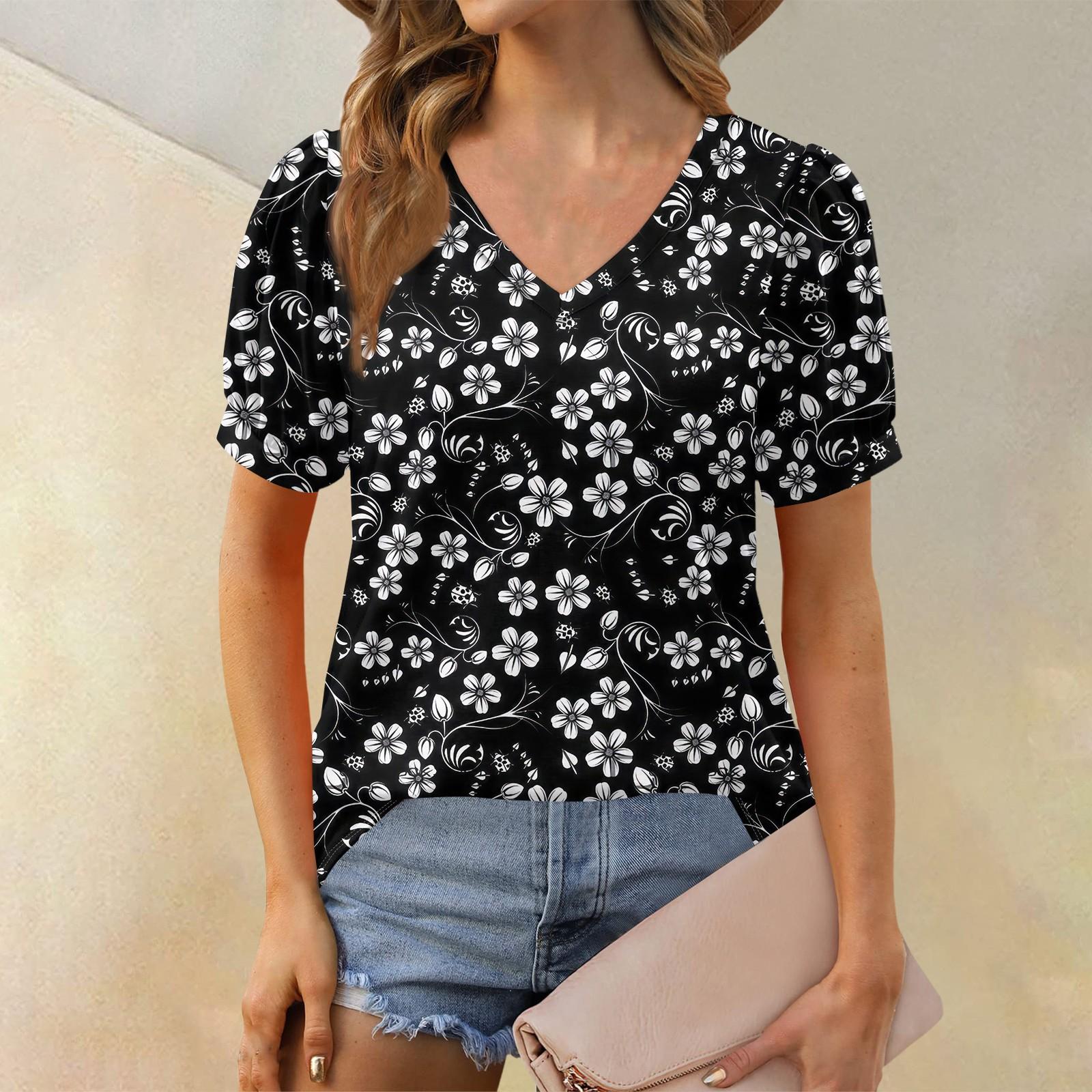 

Женские летние топы с коротким рукавом и V-образным вырезом, свободные повседневные футболки L чёрный