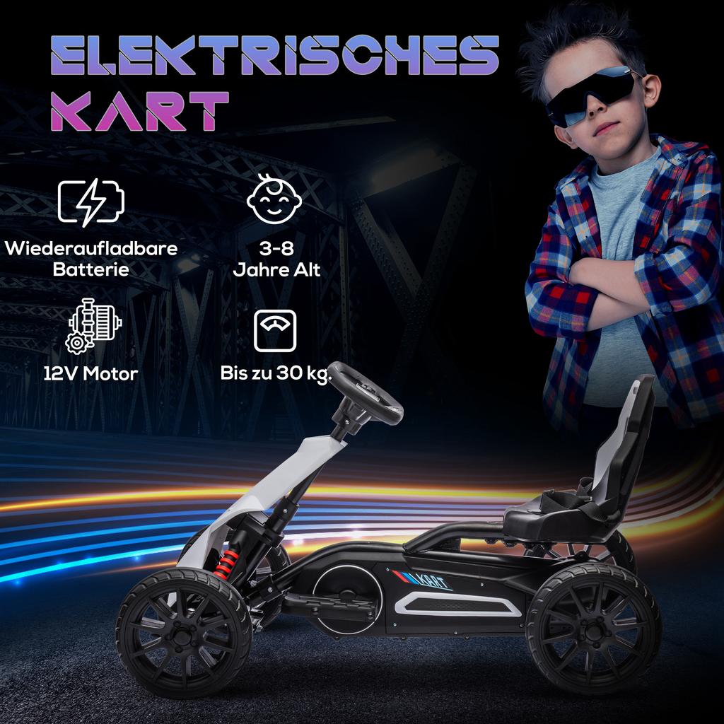 Go-Kart for Children, Electric Kart, Up To 5 Km/h, Seat Belt, Seat with Backrest, Plastic, Metal, White