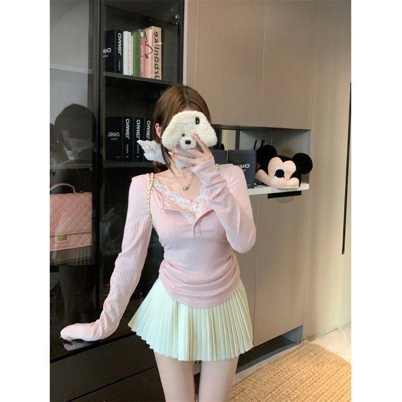 Plus Size Lace Patchwork Long Sleeve T-shirt for Women - Slimming Autumn/Winter Top