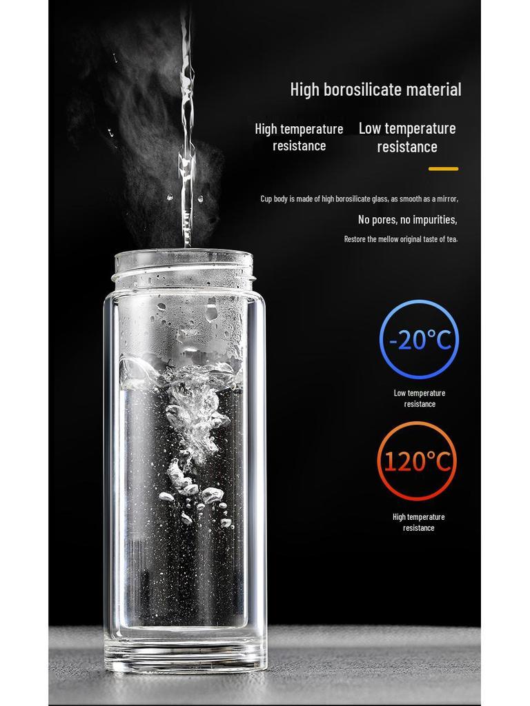 Quick-Open Lid Glass Teacup: Business Car Cup with Tea-Water Separation, Double-Layer High Borosilicate Glass and Printed Design
