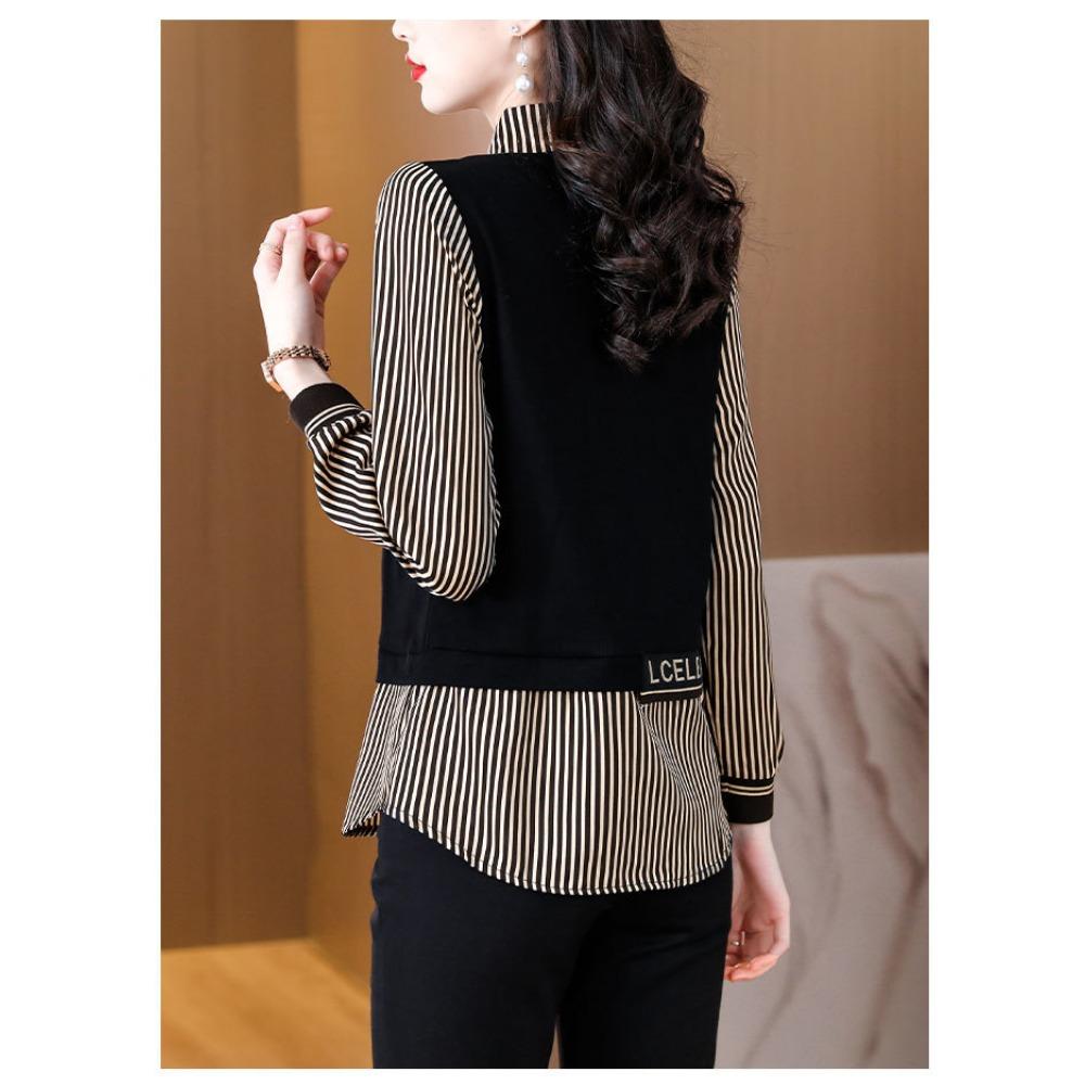 Fashionable Autumn New Long Sleeved Western-style Women's Patchwork Fake Two-piece Shirt Retro Versatile Top