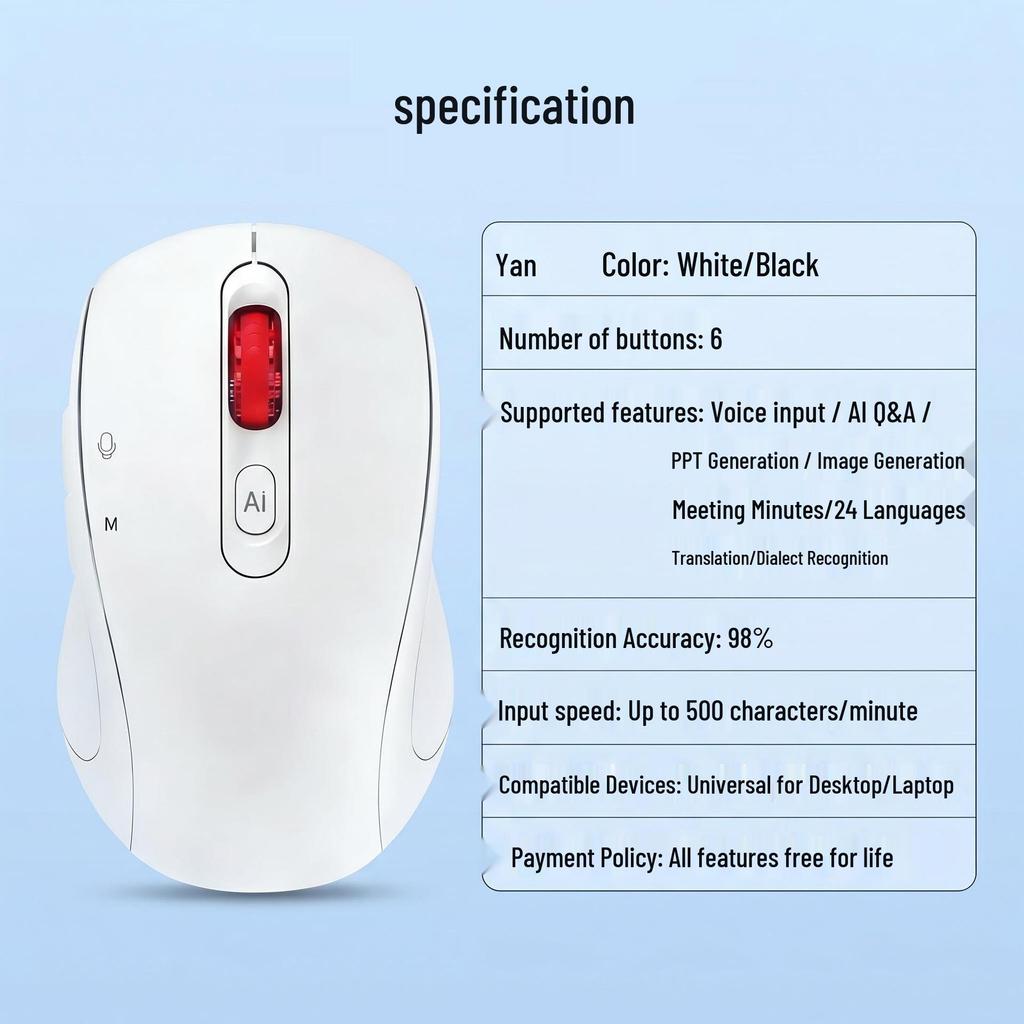 Wireless Rechargeable AI Voice & Translation Mouse with Silent Typing